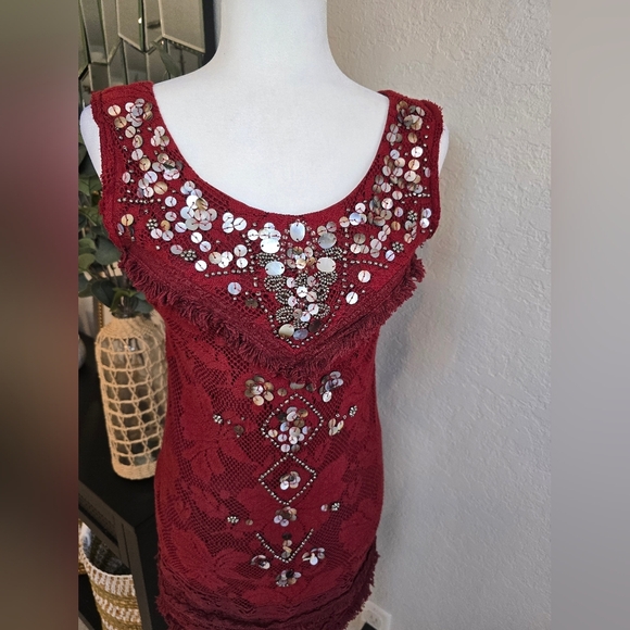 Free People Shell Game Embellished Burgundy Lace Dress - Picture 2 of 8